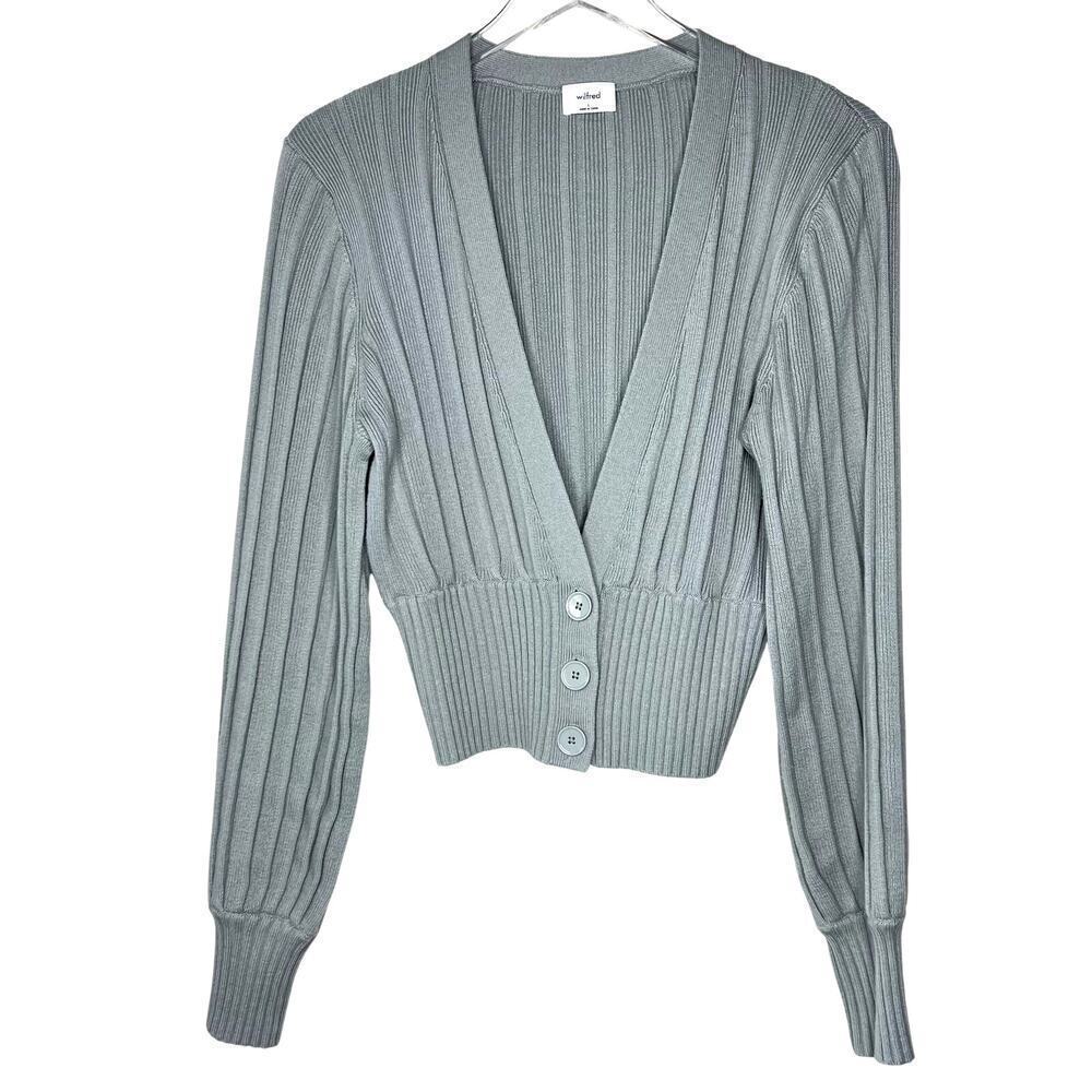 Aritzia Wilfred Plunge Front Cardigan Sweater Merino Wool Blend Green LARGE